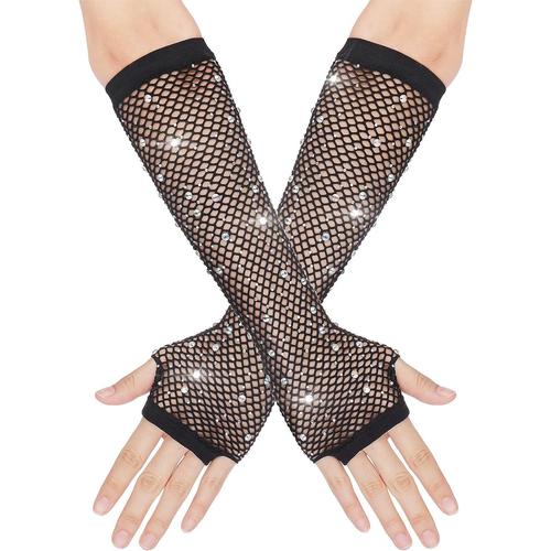 Gants Longs Noirs En R¿¿Sille Sans Doigts Pour Femmes Avec Strass Gants D'op¿¿Ra De Mode Brillants Pour Les Ann¿¿Es 80 Costume Party Halloween Cosplay Fournitures