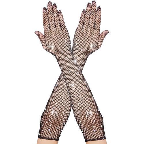 Gants Longs En R¿¿Sille Noirs Long Fishnet Gloves Pour Femmes Avec Strass Gants D'op¿¿Ra De Mode Etincelants Pour Les Fournitures De Cosplay D'halloween De F¿ºte Halloween Costum¿¿E Des Ann¿¿Es 80