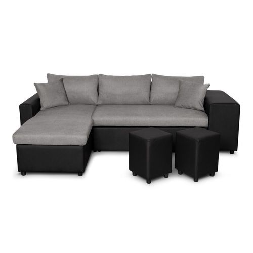 Canapé D'angle Oslo Convertible Avec Coffre Et Poufs En Tissu Et Simili - Gris / Noir, Position Du Rangement Poufs - Droit