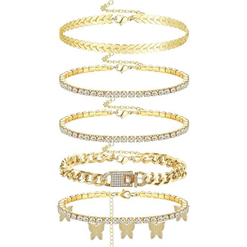 5 Pcs Bracelets De Cheville Pour Femme Filles Or 14k Cz Boho Chaine De Cheville Acier Inoxydable Ensemble De Bijoux R¿¿Glable