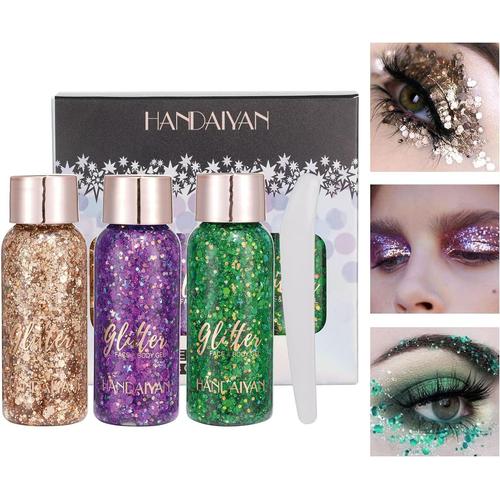 Gel Paillettes Visage, 3 Couleurs Body Glitter Gel Sirène, Gel Paillettes Corps Longue Durée Mermaid Sequins, Paillette Chunky Glitter Maquillage Pour Musical/Party/Masquerade/Visage/Cheveux(C) 