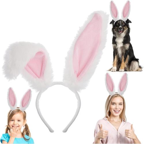 Serre-Tête Oreilles de Lapin Mignon en Peluche pour Pâques Cosplay Accessoires de Coiffure Décoration Fête Coiffe Duveteuse Enterrement Vie Jeune Fille Enfants Filles Adultes Blanc et Rose