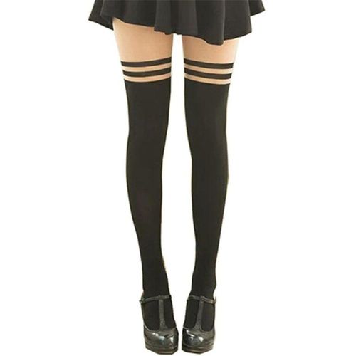 Envoie De France Collant Rayures Tatouage Noir Bicolore Peau Foncé Femme Fille Adulte Ado Opaque Kawai Japonais Mignon