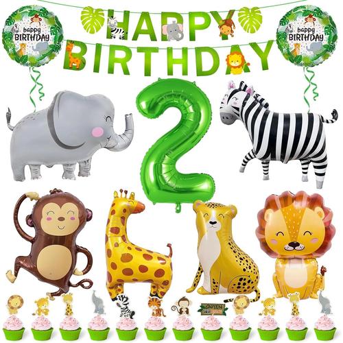 Lot De 34 Décorations D'anniversaire Au Motif De Jungle, Animaux De Safari, Ballons En Aluminium, 2 Ans, Ballons De La Jungle, Bannière Happy Birthday, Jungle
