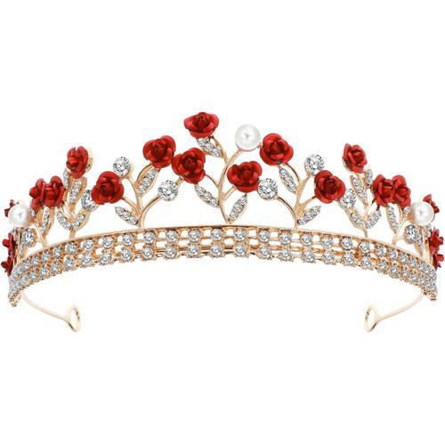 Couronne Diadème de Princesse Reine Fée Bal de Fin D'Année Anniversaire Fleurs Rouges Avec Strass et Strass Dorés pour Mariage Concours de Beauté Noël Mariage pour Femme et Adulte