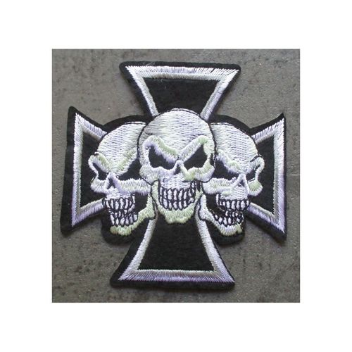 Gros Patch Croix De Malte Noir Et Trois Cranes Blanc 19.5 Cm Écusson Dos Veste Blouson