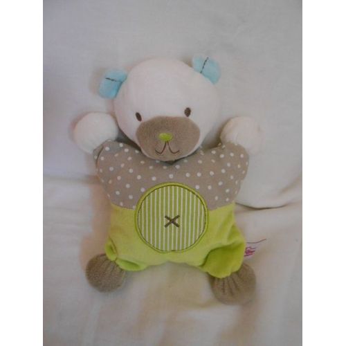 Doudou Ours Semi Plat Vert Gris Beige Ecru Creme Taupe Pommette Croix Sur Nombril Pois Blanc Coussin Oreille Bleu