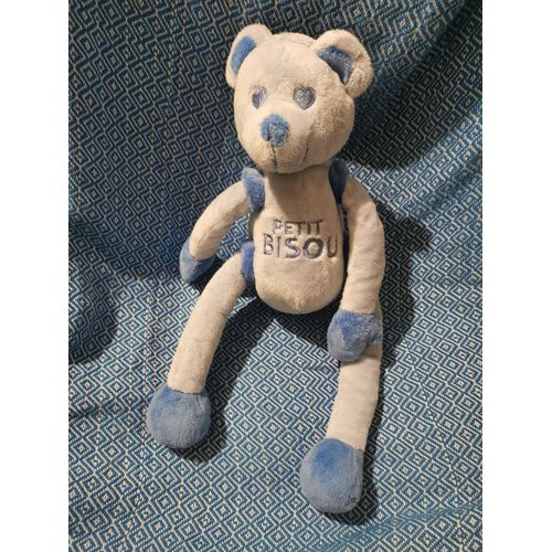 Doudou Ours Bleu Bras Jambes Coulissants Yeux Coeur Petit Bisou Cmp