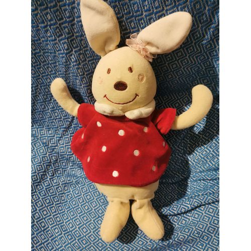 Doudou Lapin Ecru Robe Rouge Pois Sucre D'orge