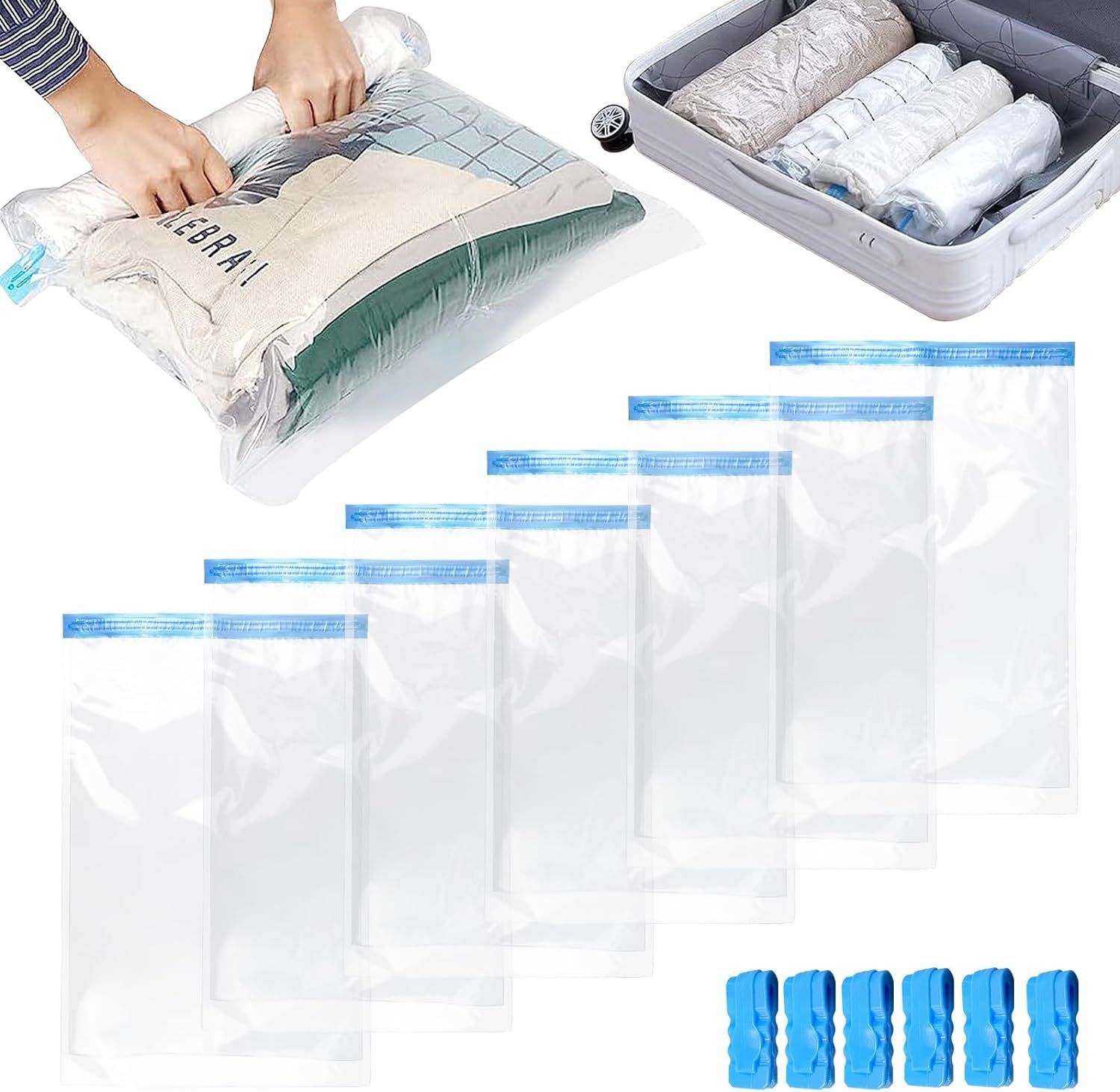 6 Pièces Sac Sous Vide Vetement Aspirateur, Housses de Rangement Aspirant, Compactor Vacuum Storage Bags, Aspirable Compression, Plastique Voyage pour Matelas, Literie, Oreillers, Couettes