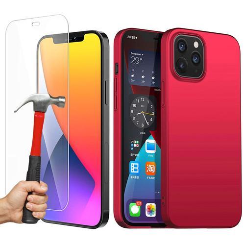 Coque Iphone 12 Pro Rouge + Verre Trempé Protection Écran,Souple Silicone Étui Protecteur Bumper