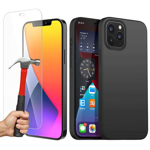 Coque Iphone 12 Noir + Verre Trempé Protection Écran,Souple Silicone Étui Protecteur Bumper