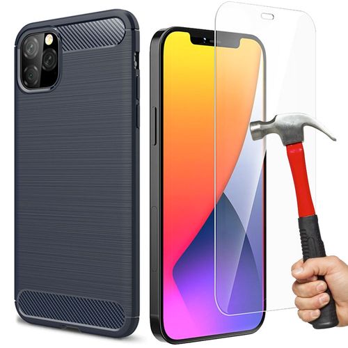 Coque Silicone + Verre Trempé Pour Iphone 12 Pro Max, Motif Fibre De Carbone Souple Antichoc - Bleu Marine