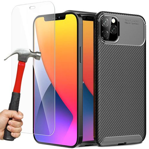 Coque Silicone + Film Verre Trempé Pour Iphone 12, Silicone Ultra-Fine Protection Antichoc Anti-Rayures - Noir