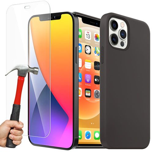 Coque Silicone Liquide + Verre Trempé Pour Iphone 12 (6,1""), Housse Etui Antichoc - Noir