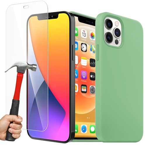 Coque Silicone Liquide + Verre Trempé Pour Iphone 12 (6,1""), Housse Etui Antichoc - Vert