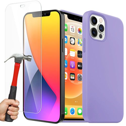 Coque Silicone Liquide + Verre Trempé Pour Iphone 12 Mini (5,4""), Housse Etui Antichoc - Violet