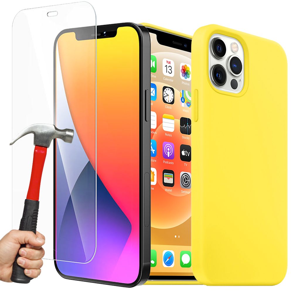 Coque Silicone Liquide + Verre Trempé Pour Iphone 12 Pro (6,1""), Housse Etui Antichoc - Jaune