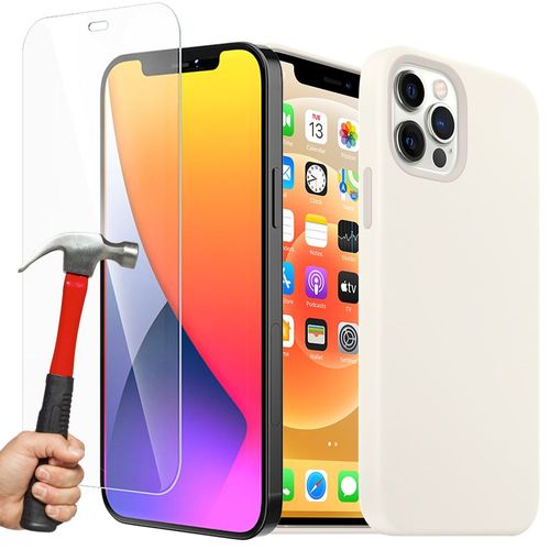 Coque Silicone Liquide + Verre Trempé Pour Iphone 12 Pro (6,1""), Housse Etui Antichoc - Blanc