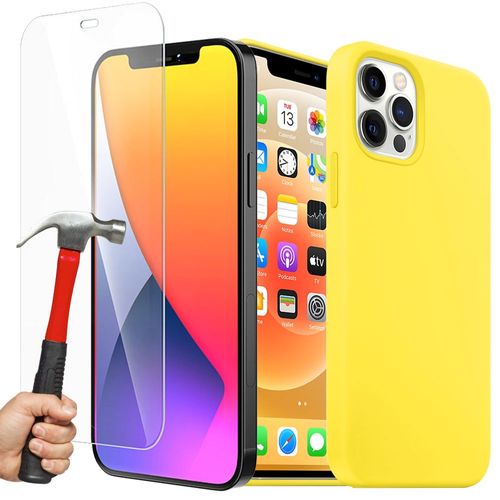 Coque Silicone Liquide + Verre Trempé Pour Iphone 12 Pro Max (6,7""), Housse Etui Antichoc - Jaune