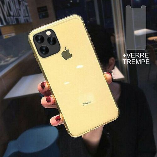 Coque Iphone 12 Pro Max + 2 Verres Trempésé Protection Écran,Souple Silicone Étui Protecteur Bumper Clair Jaune