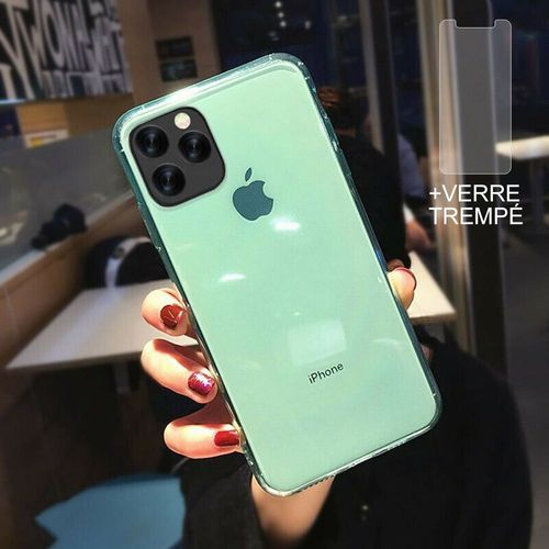 Coque Iphone 12 Pro Max + 2 Verres Trempésé Protection Écran,Souple Silicone Étui Protecteur Bumper Clair Vert