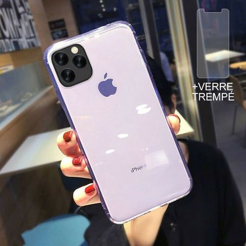 Coque Iphone 12 + 2 Verres Trempésé Protection Écran,Souple Silicone Étui Protecteur Bumper Clair Violet