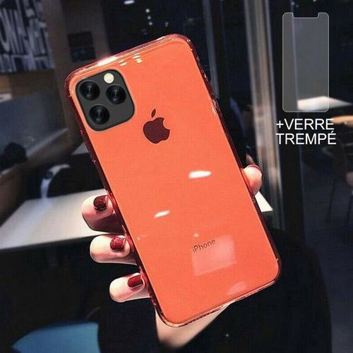 Coque Iphone 12 + 2 Verres Trempésé Protection Écran,Souple Silicone Étui Protecteur Bumper Clair Rouge