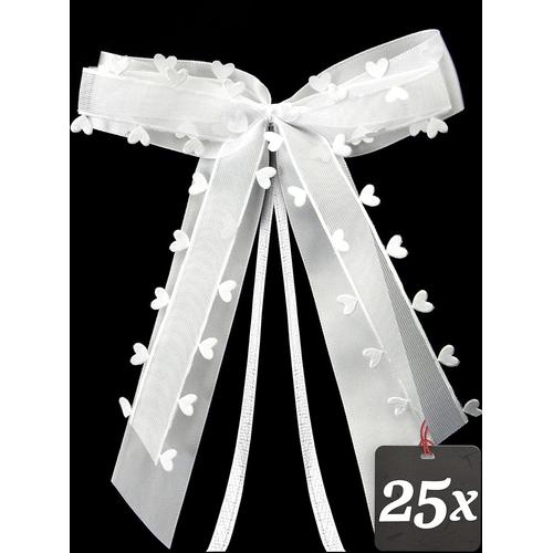 Blanc Blanc Voiture Mariage avec C¿urs - Lot de 25 - Noeuds d'antenne Faits Main Ruban Satin - Décoration de Mariage -