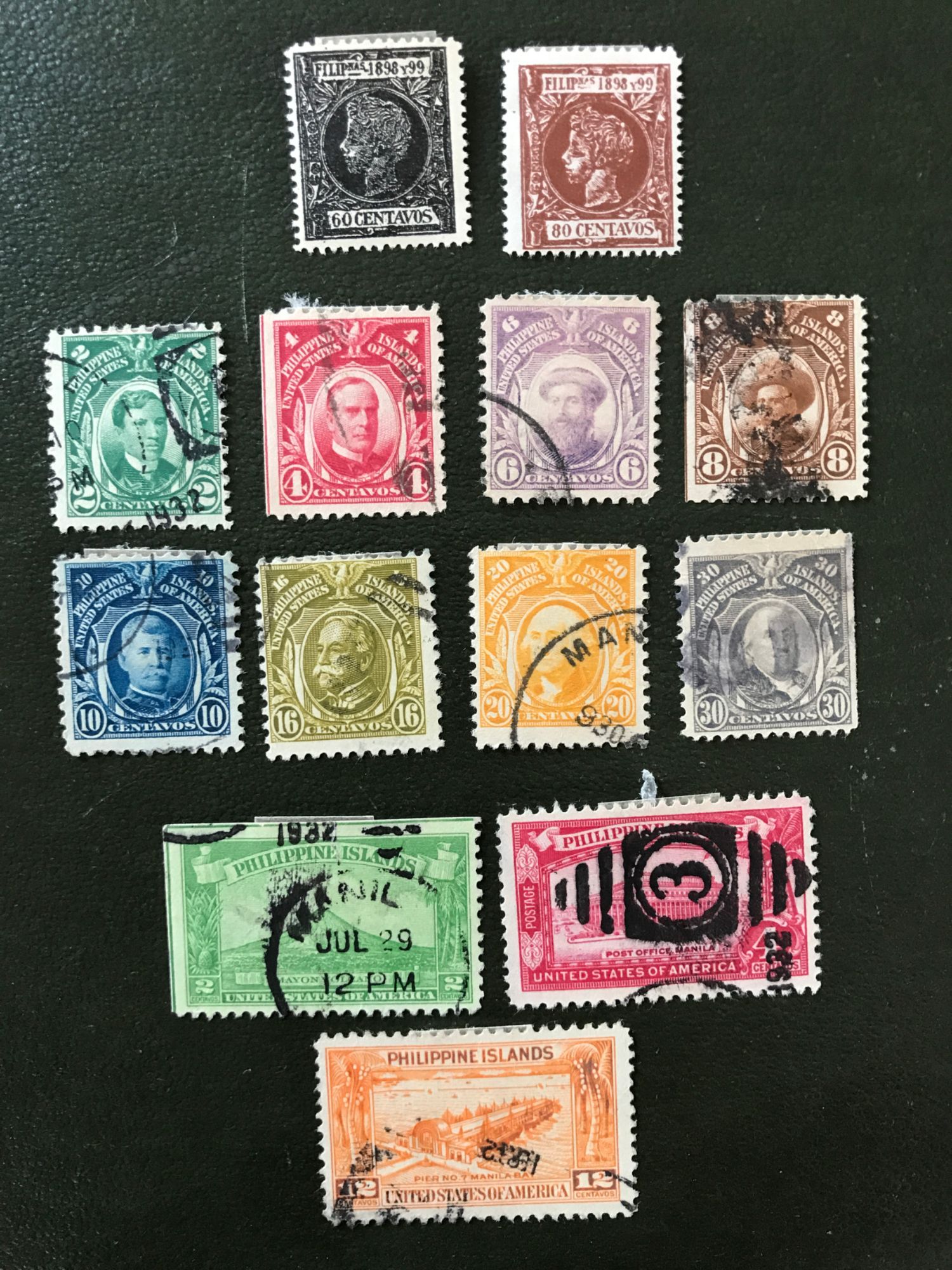 Timbres Philippines 13 Timbres De 1898 À 1932 Yvert 172,173, 204, 205, 206, 207, 208, 212, 214, 219, 234, 235