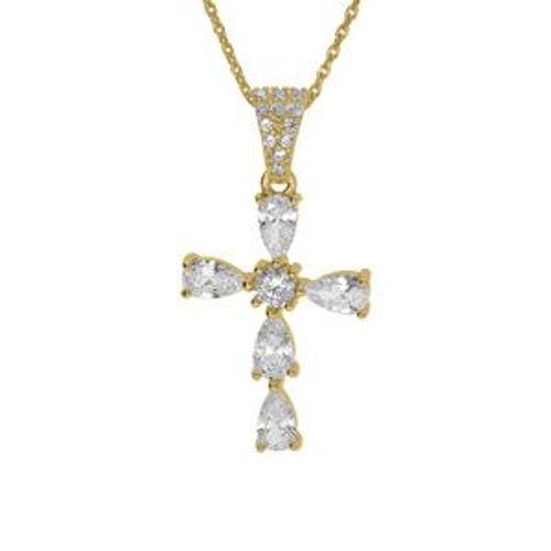 Collier Argent Doré Pendentif Croix Oxydes Blancs 38+5cm