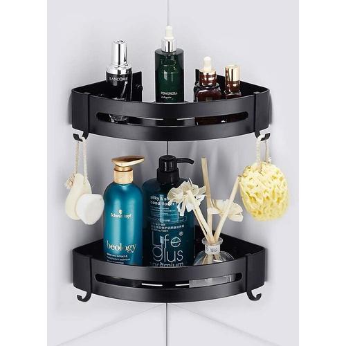 Lot de 2 Étagère D'Angle Douche, Etagere Salle de Bain,Deux Méthodes D'Installation,Aluminium Panier de Rangement pour Douche Avec Crochets - Tablette D'Angle Douche (Noir) goodnice