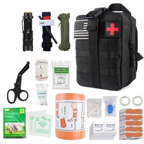 Trousse de secours complète militaire tactique Assemblée En UE normes CE+petite trousse+bandoulière+tire tique+bracelet survie-Conue pour la randonnée,voyage,airsoft(Noir) goodnice