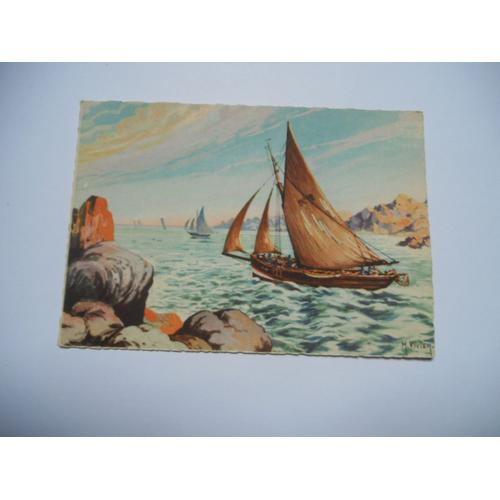 Theme Divers Carte Couleur Ancienne Gaufre Sans Ecriture Dessin Peinture Vivief Rocher Barque Bateau De Peche Ou Voilier En Mer Edit M D Paris N°4600/Tbe