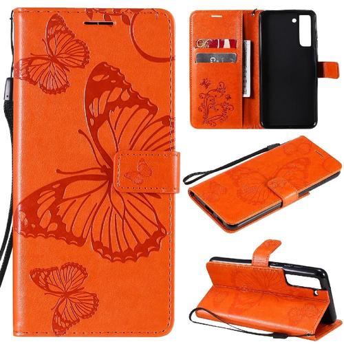 Étui Pour Samsung Galaxy S21 Fe Avec Support De Fente Pour Carte Couverture Antichoc Cuir Pu Couverture Magnétique Flip Kickband - Orange