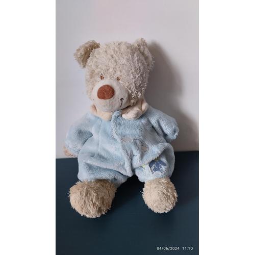 Vintage Doudou Ours Beige Combinaison Bleue Tex