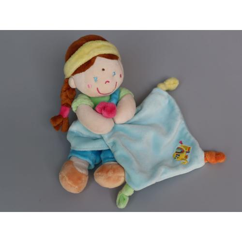 Doudou Poupée Indienne Bleu Vert Jaune Rose Mouchoir Pommette