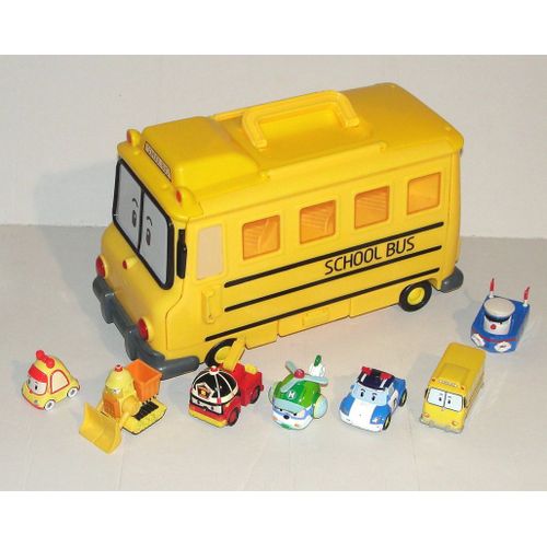 School Bus Robocar Poli Silverlit Autobus Scolaire Porte Voiture + 7 Vehicules Metal