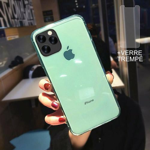 Coque Iphone 12 Pro + 2 Verres Trempésé Protection Écran,Souple Silicone Étui Protecteur Bumper Clair Vert