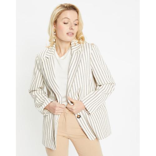 Veste Blazer En Coton & Lin Alpha Fantaisie Rayée Écru/Bleu