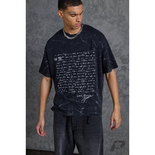 Oversized Distressed T-Shirt With Text Graphic Print Homme - Noir - S, Noir