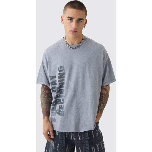 Oversized Boxy Extended Neck Washed Slogan T-Shirt Homme - Gris - Xs, Gris