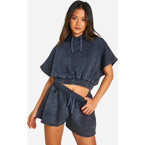 Acid Wash Sleeveless Hoodie And Sweat Short Set - Gris Anthracite - L