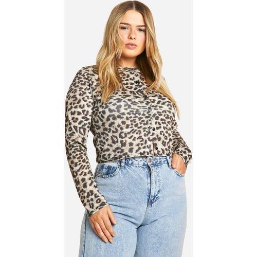 Plus Leopard Button Front Rib Cardigan - Marron - 18