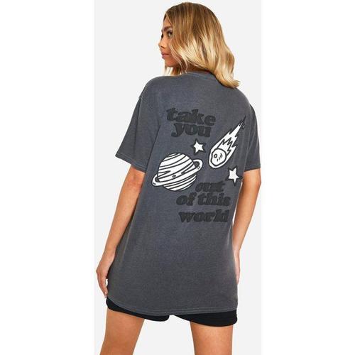 Take You Out Of This World Puff Print Slogan Overdyed Oversized T-Shirt - Gris Anthracite - M