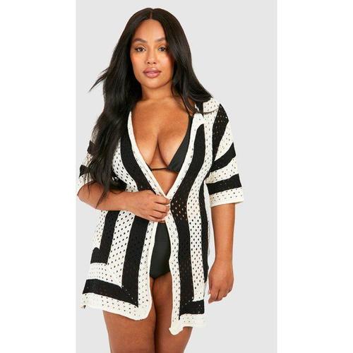 Plus Crochet Square Print Beach Shirt - Noir - 16