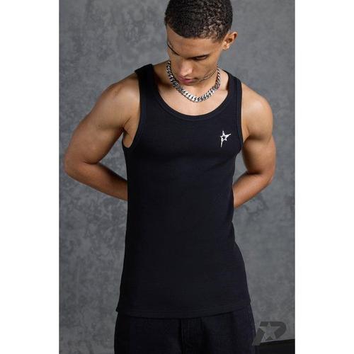 Muscle Fit Ribbed Vest With Metal Star Branding Homme - Noir - L, Noir