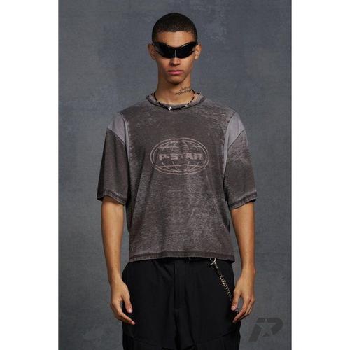 Oversized Boxy Cropped T-Shirt With Shoulder Insert Homme - Marron - L, Marron