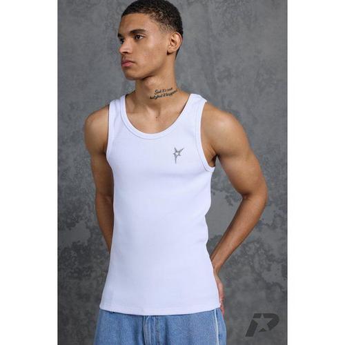 Muscle Fit Ribbed Vest With Metal Star Branding Homme - Blanc - S, Blanc