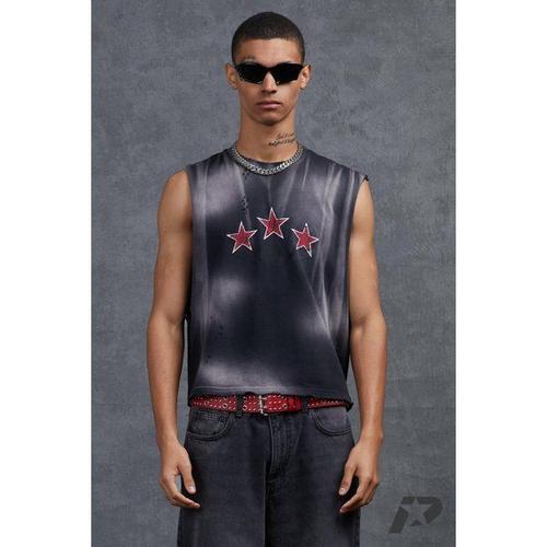 Vintage Wash Cropped Vest With Star Graphic Print Homme - Gris - S, Gris